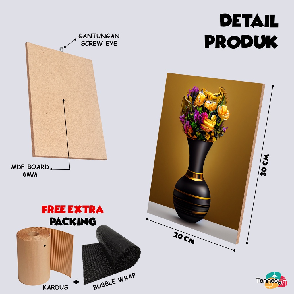 TENNESY Hiasan Dinding Bunga Pot Vas Flower 20x30cm Dekorasi Dinding Kamar Tidur Pajangan Kayu Poster Dekorasi Rumah