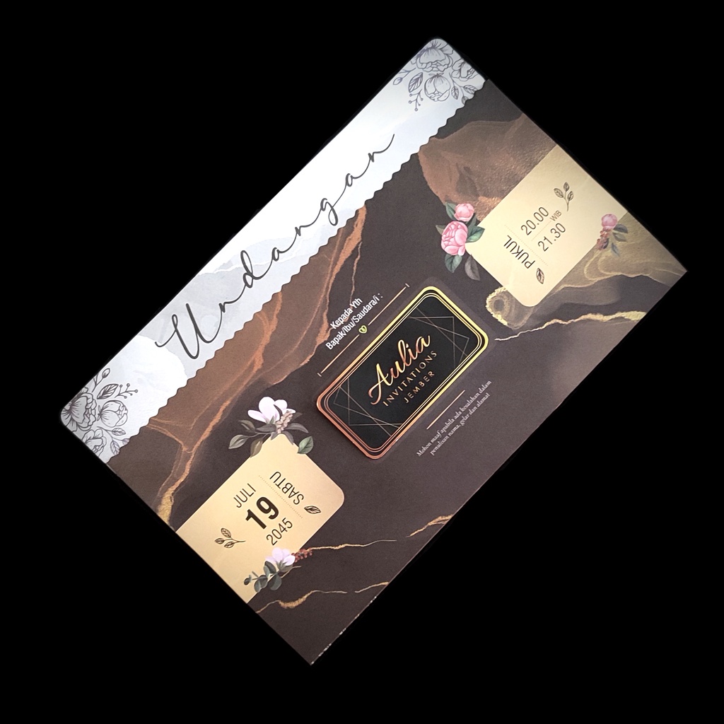 Undangan Pernikahan Rustic Floral Abstrak Hitam Gold