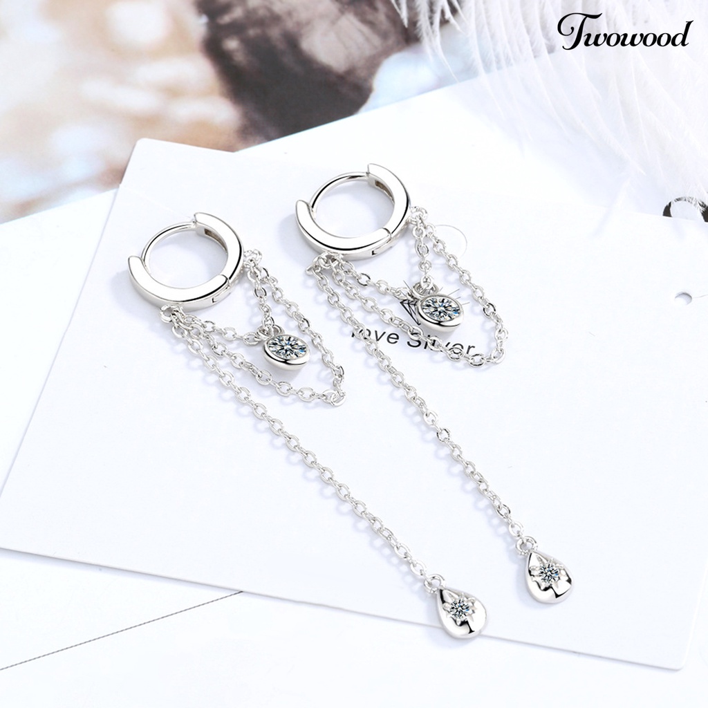 Twowood 1pasang Anting Menjuntai Warna Perak Rantai Logam Jumbai Panjang Tetesan Air Liontin Berlian Imitasi Wanita Hoop Earrings Fashion Perhiasan