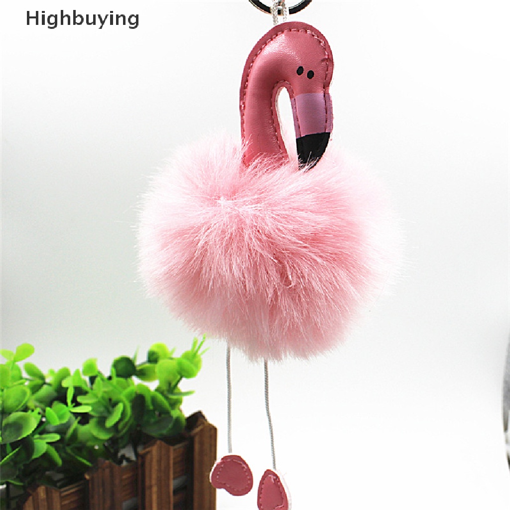 Hbid Gantungan Kunci Flamingo Fluffy Faux Rabbit Fur Ball Key Chain Wanita Gantungan Kunci Tas Mobil Glory