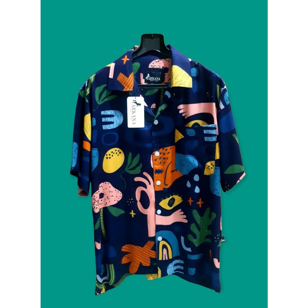 ARKANA - Kemeja Hawaiian Pria Slimfit Printing Bahan Katun Rayon Premium | Kemeja Pantai Pria - Navy