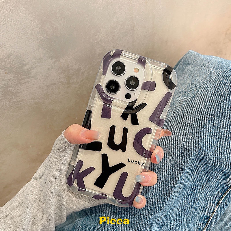 Ins Bening Airbag Shockproof Case Kompatibel Untuk IPhone 7plus 8plus 11 6 6S 7 8 Plus 14 13 12 Pro MAX XR X XS MAX Lucky Huruf Alfabet Sederhana TPU Lembut Penutup Belakang Anti Jatuh