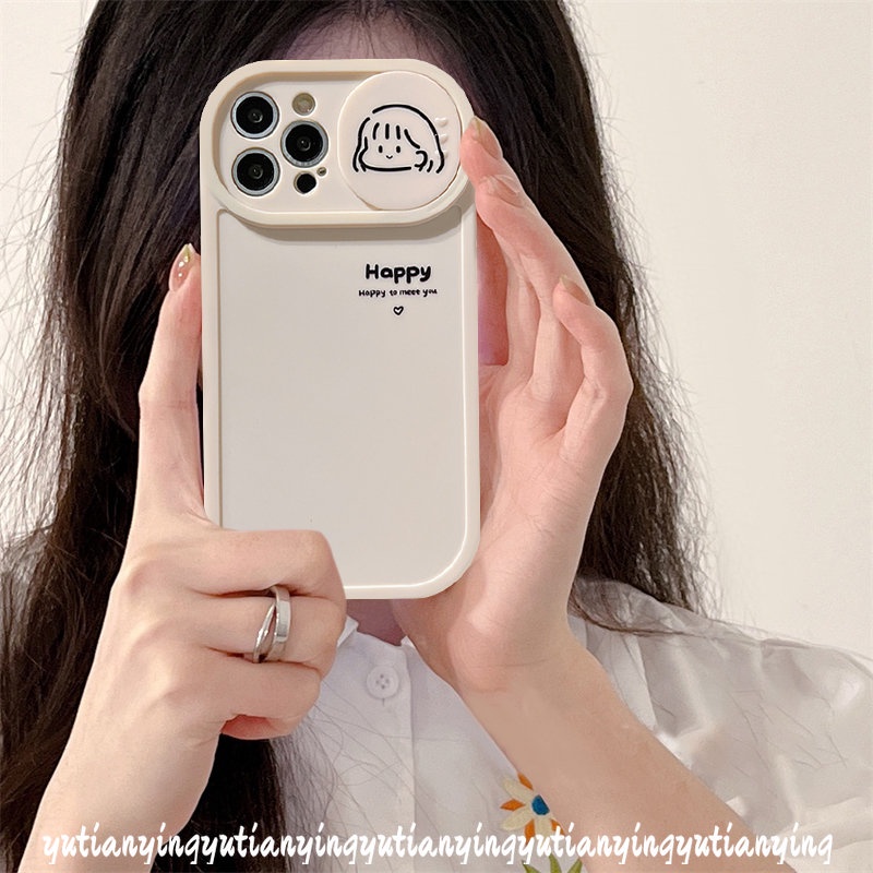 IPHONE Kartun Lucu Gadis Cowok Beruntung Happy Case Kompatibel Untuk Iphone11 12 13 Pro MAX XR 7plus 8plus 78 Plus X XS MAX Push Pull Window Pelindung Lensa Kamera Lembut TPU Pasangan Cover