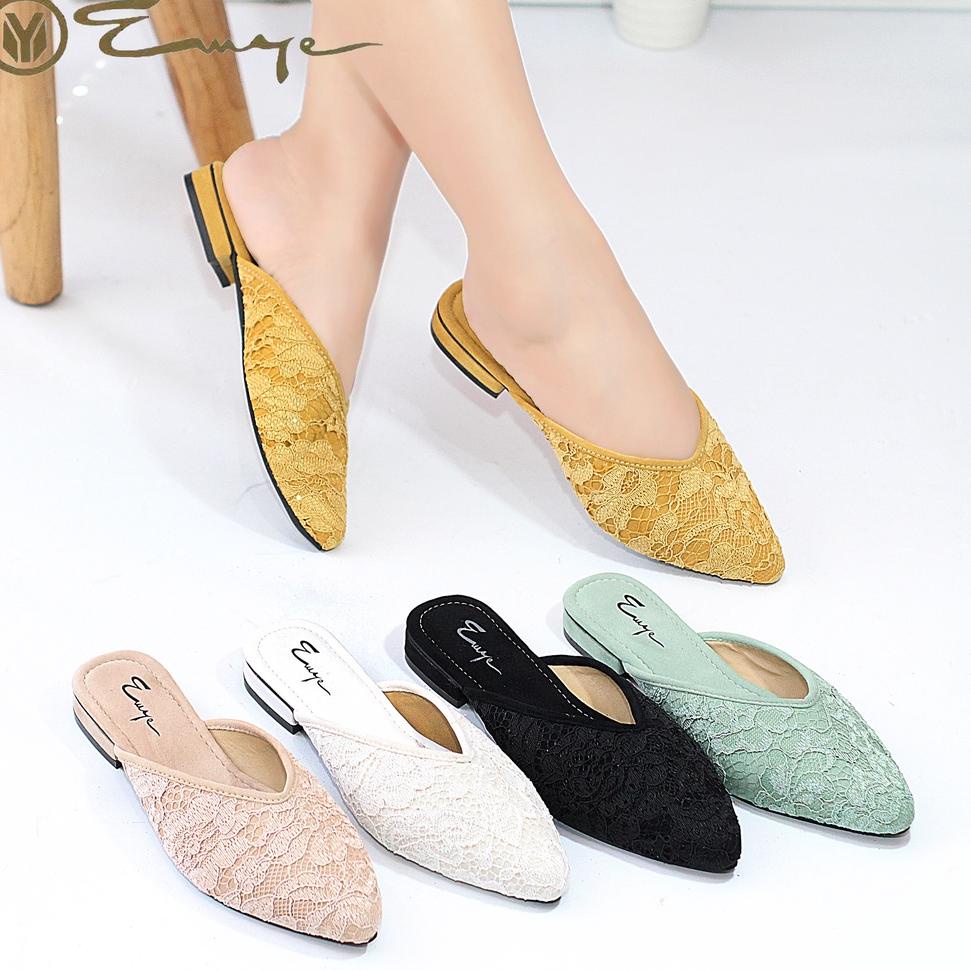 Langsung Kirim Sandal Flat Shoes Jumbo Pengantin Brukat 42-45 Wanita I Selop Bsize Orinal Pansus Kon