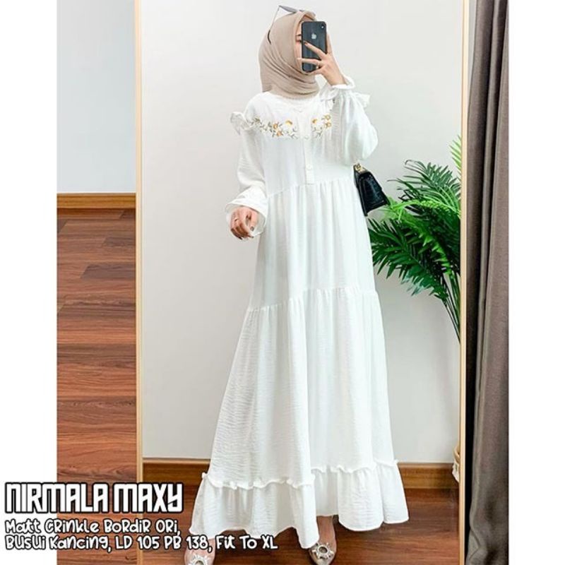 Gamis Crincle Bordir Asli/Nirmala Dress/Gamis Warna Putih Murah/Kondangan/Ibu Ibu/Adem/Dress Premium