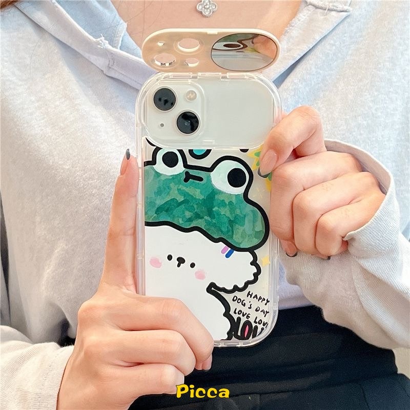 Flip Kreatif Make Up Mirror Case Kompatibel Untuk IPhone 11 Pro Max XR 7Plus 8 7 Plus X 13 11 12 14 Pro Max XS Max SE 2020 Graffiti Kartun Hewan Kelinci Lucu Kodok Anjing Soft Cover