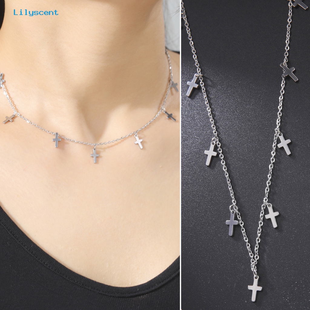 [LS] Rantai Klavikula Kepribadian Mewah Hadiah Valentine Stainless Steel Fashion Multi Cross Liontin Wanita Kalung Perhiasan Aksesori