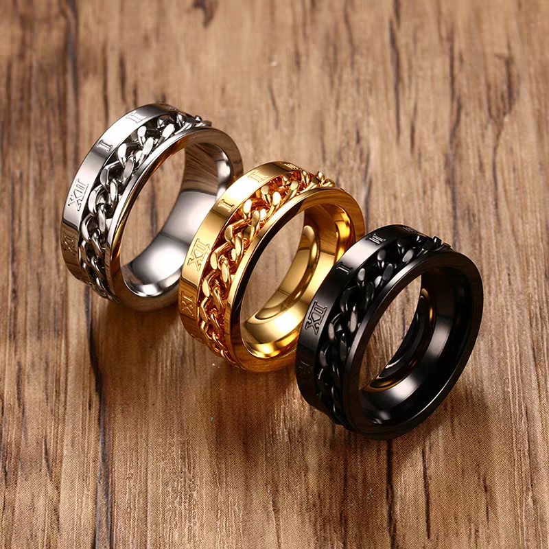 Cincin Rantai Bahan Titanium Steel | Cincin Angka Romawi Bahan Stainless Steel Warna Hitam | Anting Tusuk Hypoallergenic Anti Pudar Untuk Pria / Wanita | Kotak Hadiah Untuk Hadiah