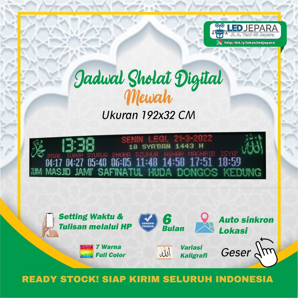 Jadwal Sholat Digital Jam Masjid Digital Ukuran 192x32 P5 Full Color Setting HP