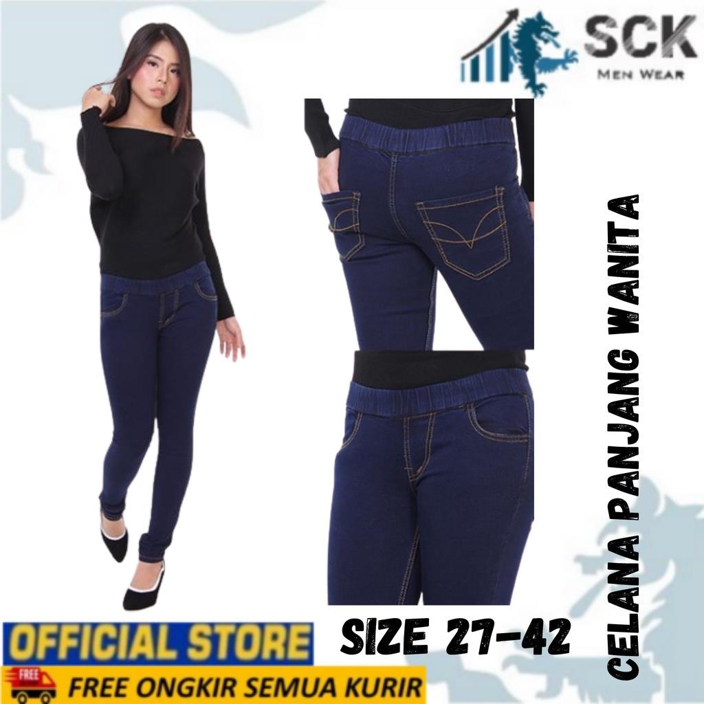 Celana Panjang Jeans Wanita CARRY BLESSING Legging Pinggang Karet / Bawahan Denim Cewek Hitam Navy Blueice Blue Casual Size 31-42 - sckmenwear GROSIR