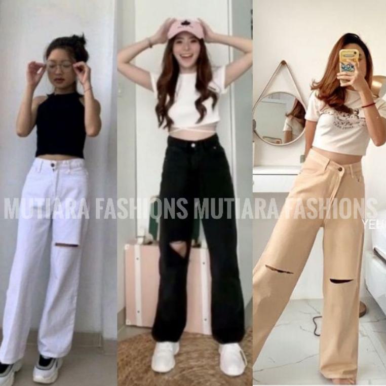 MURAH MERIAH KULOT JEANS WANITA HITAM SOBEK HIGHWAIST PREMIUM