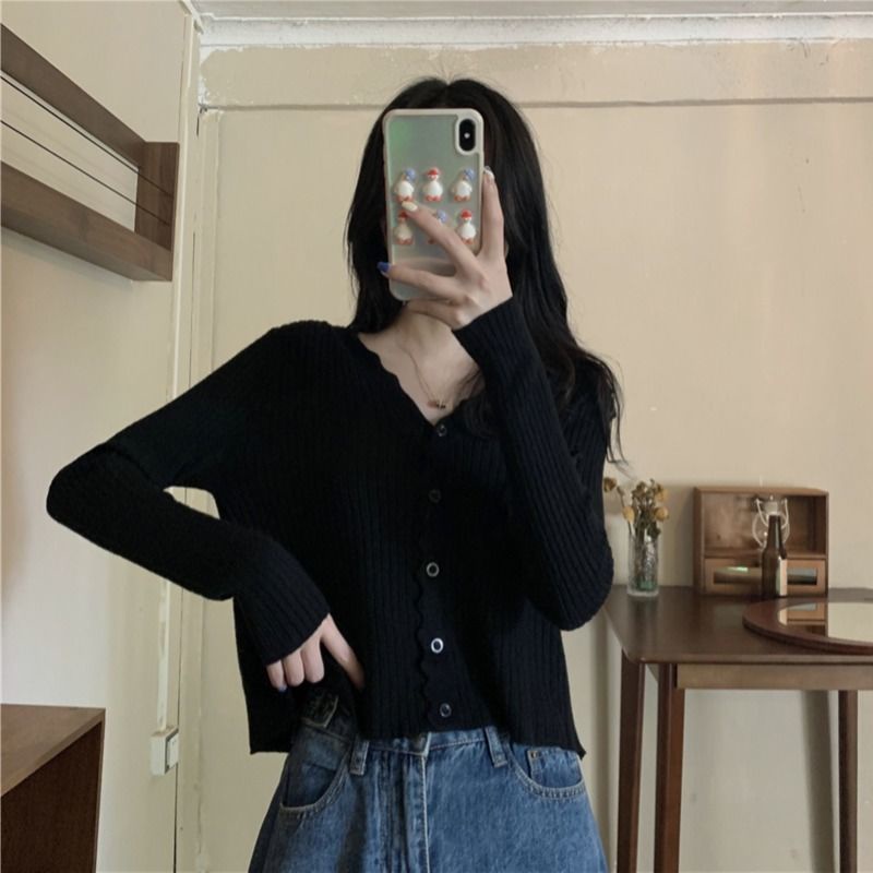 Red 2023 Awal Musim Gugur Baru V-Leher Sweater Lengan Panjang Cardigan Sweater Mantel Kecil Serbaguna Wanita Angin Lembut Top