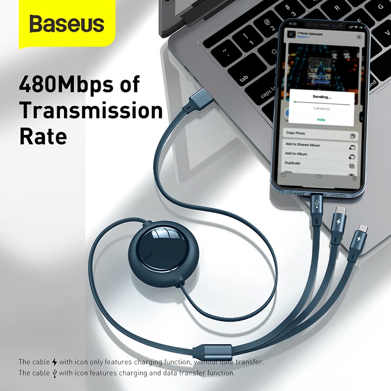 Baseus Kabel USB Fast Charging 3in1 Untuk 8pin Micro Type C Kabel Charge Ditarik