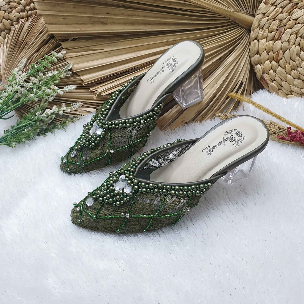 Sepatu wedding pesta cantik hijau army 7cm kaca