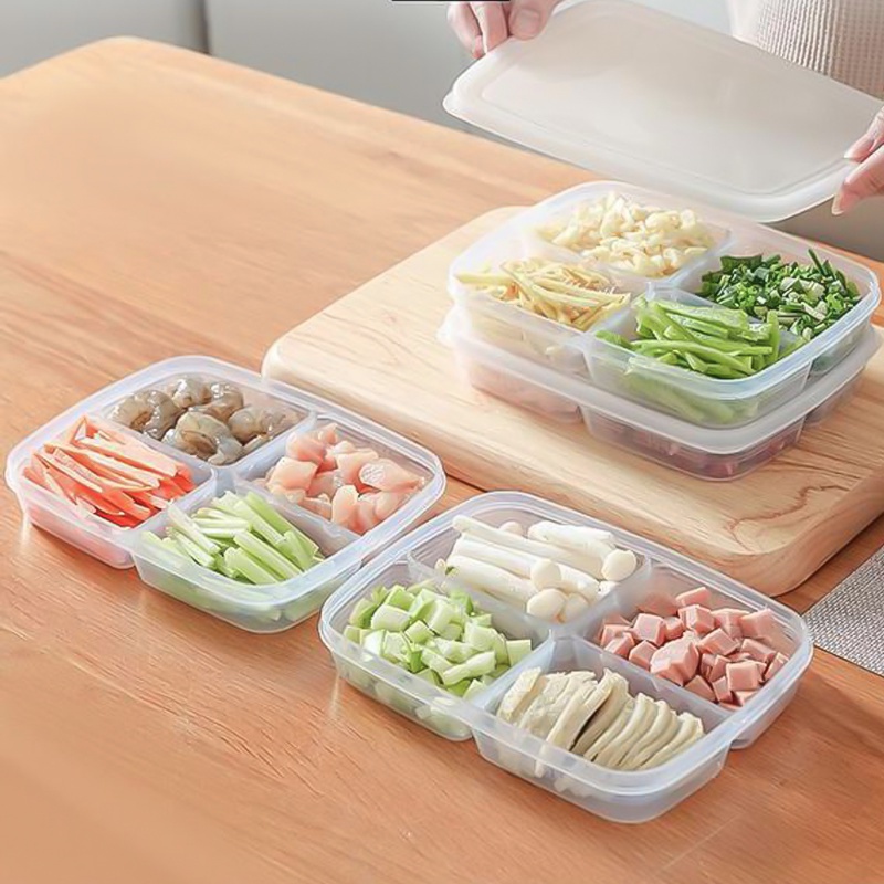 4 Grids Refrigerator Vegetable Fresh Keeping Case / Reusable PP Plastic Food Fruit Storage Box With Cover