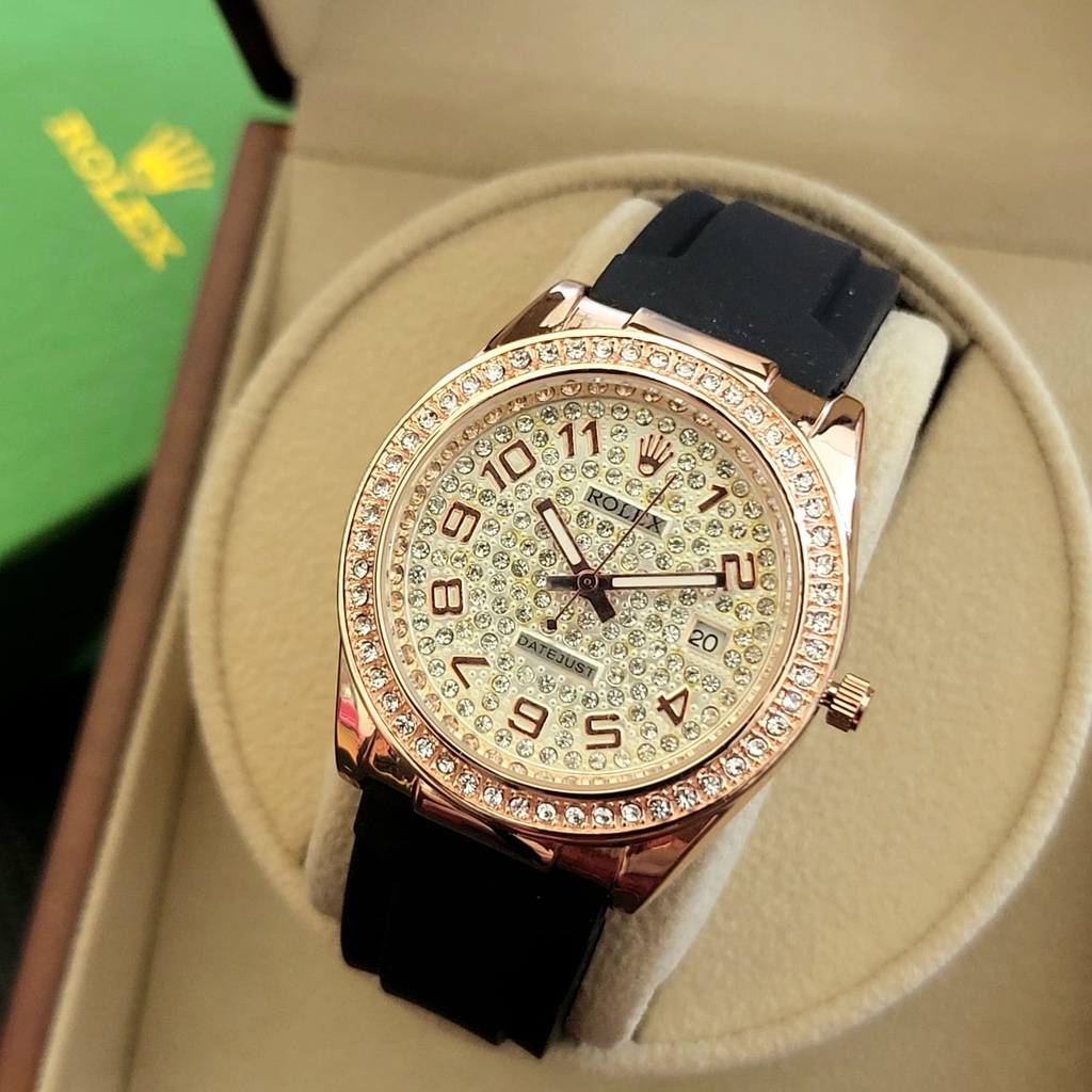 Jam Tangan Wanita Rolex Rubber Tanggal 7 Warna 3870 YL Free Box Rolex & Baterai Cadangan