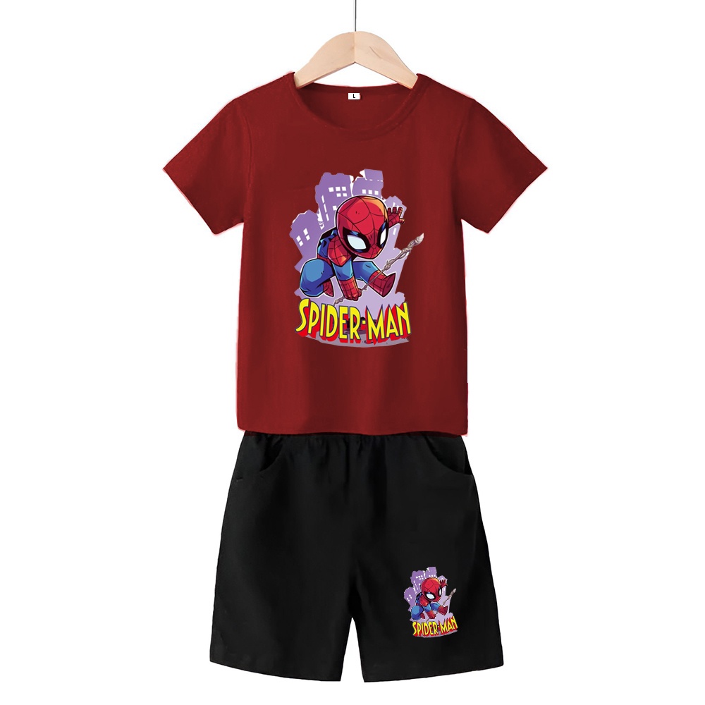 Baju Stelan 3/4 Anak Spiderman Cowok Cewek  Usia 1 - 4 Tahun Celana Pendek Harian