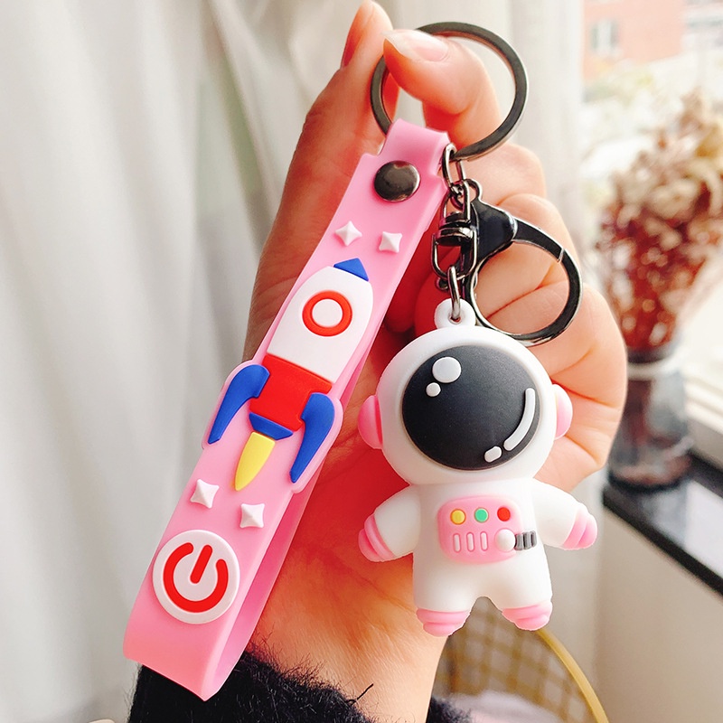 Kartun Spaceman Karet Lembut Pasangan Gantungan Kunci Lucu Astronot Key Ring Pendant Kreatif Flash Gantungan Kunci Kawaii Pink Biru Tas Ornamen