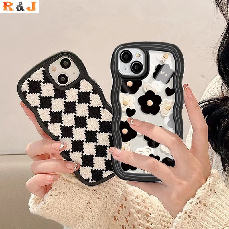 Realme 10 4G C21Y C25Y RealmeC35 C33 C31 C30 9i 8i 6i 5s 5i 7i C15 C25 C12 C1 C20 C3 C2 C1 Narzo 50 Soft Case Timbul Motif Bunga Diamond Check Tepi Bergelombang Bening Phone Cover