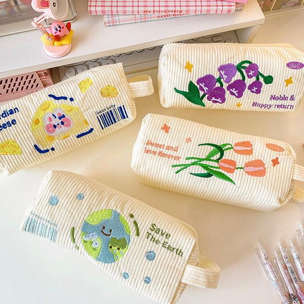 

[HARU] Embroidery Pouch Tempat Penyimpanan Kosmetik Kotak Pensil Pouch Serbaguna Tentengan Lucu