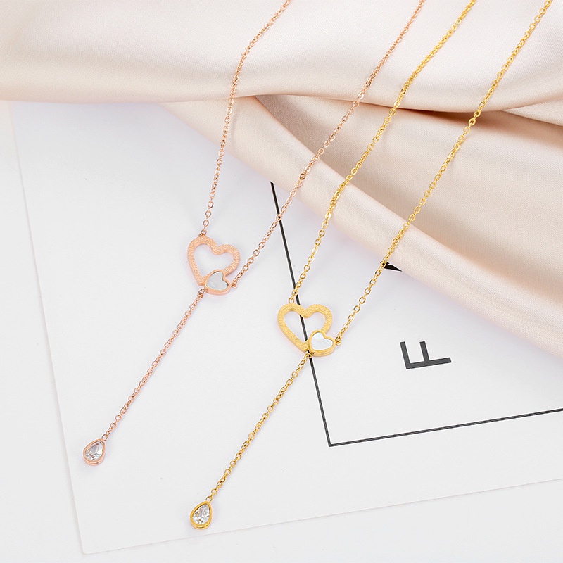 Kalung Rantai Dengan Liontin Hati + Rumbai Untuk Wanita | Aksesoris Bahan Titanium Steel 18k Warna Rose Gold | Perhiasan Temperamen Bahan Stainless Steel