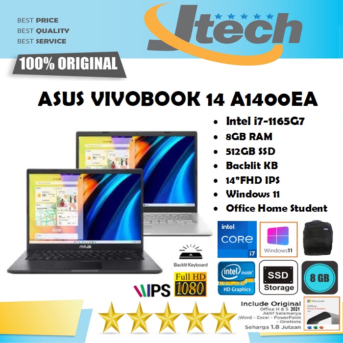 ASUS VIVOBOOK A1400EA - i7-1165G7 - 8GB - 512GB SSD - BACKLIGHT KB - 14&quot;FHD IPS - WIN11 - OFFICE HOME STUDENT