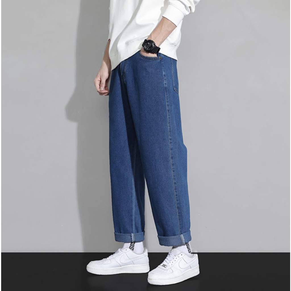 Celana jeans pria biru celana panjang jeans oversize baggy pants celana kulot korean style loose pants celana cowok highwaist jumbo celana anak laki laki