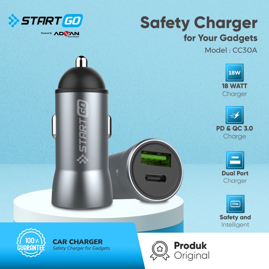 STARTGO Mobil/Car Charger Fast Charging 2 port USB A&amp;C 3 Ampere CC30A