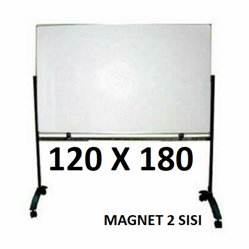 PAPAN TULIS WHITEBOARD MAGNET 120 X 180 2 SISI KAKI BESI WITH STAND + RODA