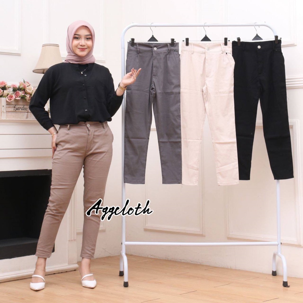 Basic Ankle Pants Celana Kerja Wanita Kantor Formal Casual Kekinian Katun Twill Combat Melar Bigsize Jumbo