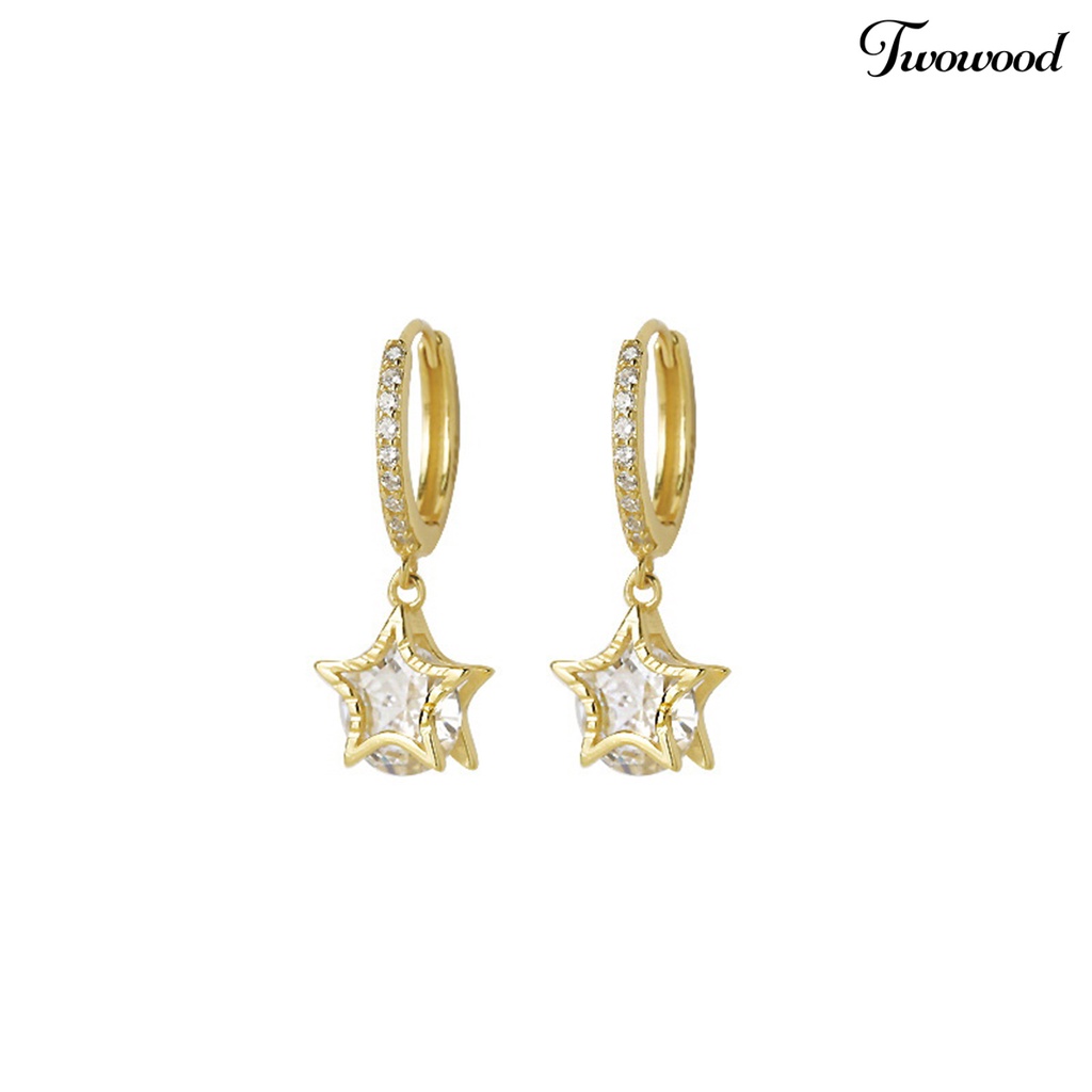 Twowood 1pasang Drop Earrings Elegan Temperamen Retro Bling Berlian Imitasi Bintang Liontin Wanita Earrings Perhiasan Aksesoris