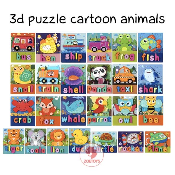 Zoetoys 3D Puzzle Cartoon Animals | Baby Wooden Montessori Toys Vehicle 3D Jigsaw Kayu Timbul | Mainan Edukasi Anak
