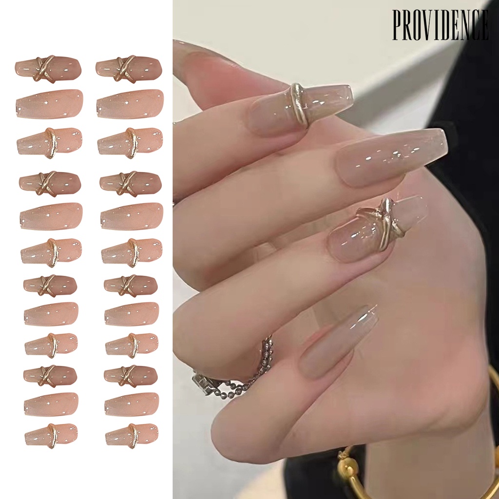 Providence 1set Kuku Palsu Penutup Penuh High Gloss Mempesona Efek Visual DIY Oatmeal Latte Little Golden Bar Kuku Buatan Salon Supply