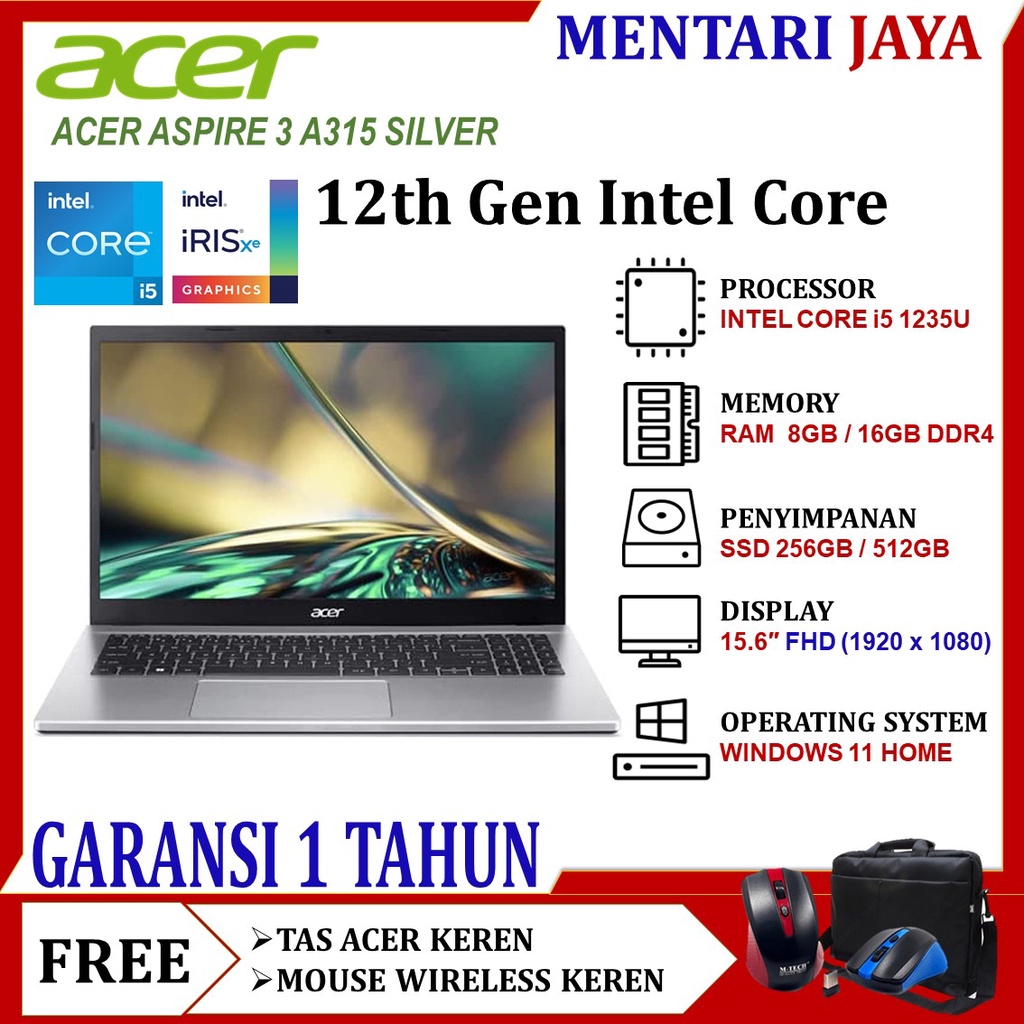 ACER ASPIRE 3 A315 INTEL i5 1235U GEN 12 16GB 512GB SSD FHD WINDOWS 11