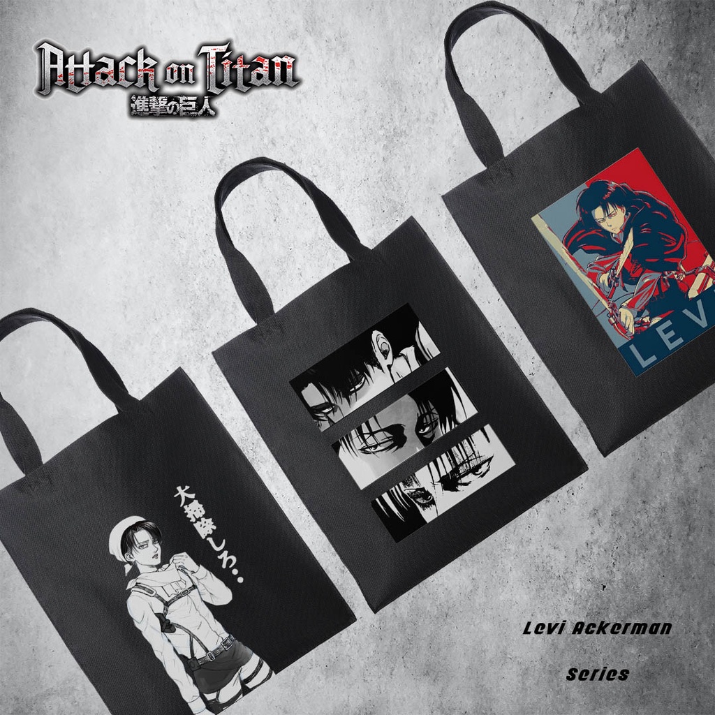 Tote bag Anime Attack On Titan Levi Ackerman Hitam Tote bag premium Totebag seleting totebag Termurah Bahan Blacu