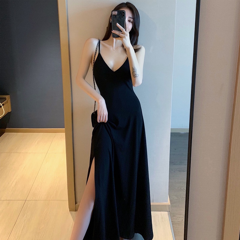 DF DR358 Baju Long Dress V Neck Wanita Shoulder Korean Fashion