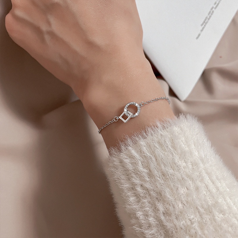 Roselife Perak Zirkon Persegi Bulat Geometris Liontin Gelang Untuk Wanita Gadis Minimalis Pergelangan Tangan Rantai Gelang Fashion Perhiasan Hadiah