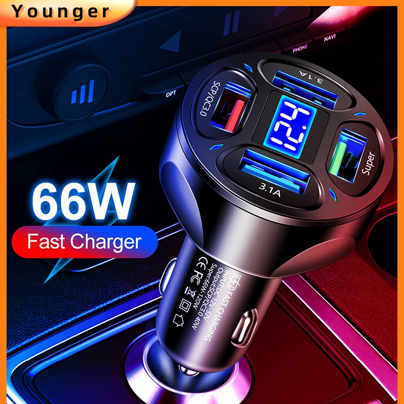 Digital Display USB 4colokan Car Fast Charge 66W PD Car Adoptor Charger Untuk i-Phone Tipe c Android Realme Fast Charge 3.0 In Car