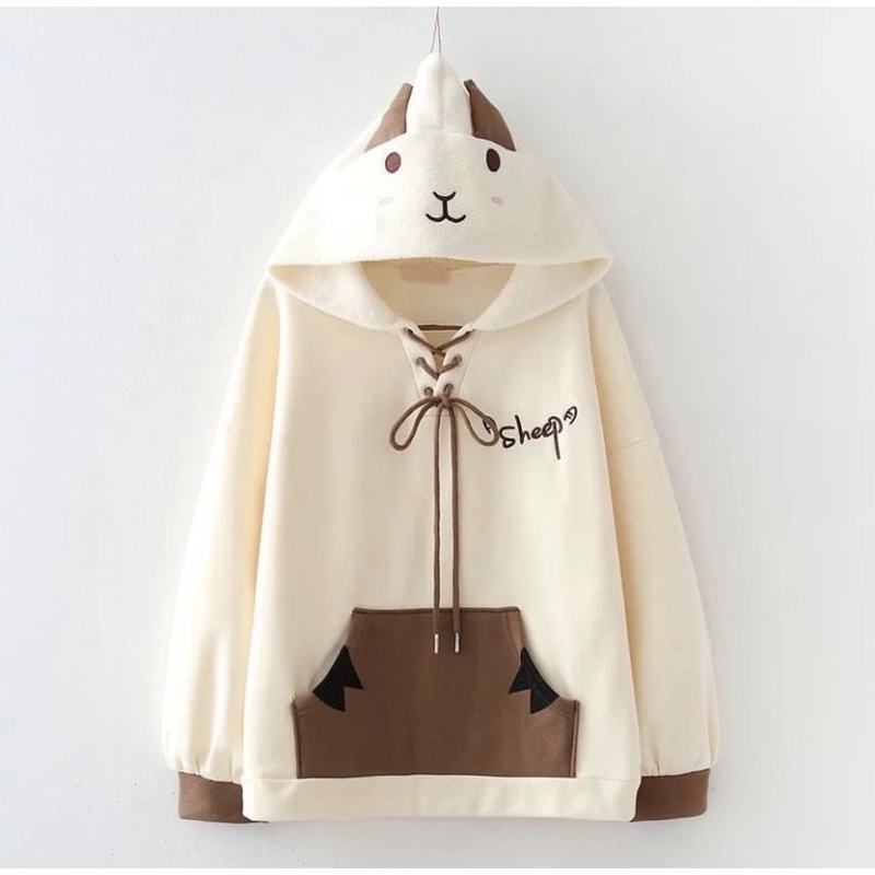 Sweater Wanita Lucu SHEEP HOODIE Kupluk Karakter Atasan Jacket Korean Fashion Outfit Gaya Kasual