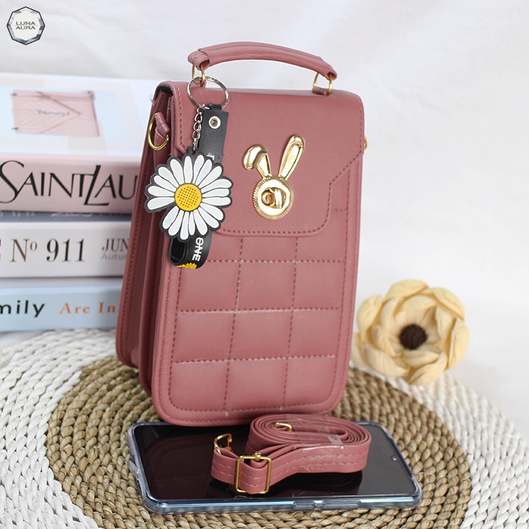 LUNA AURA Tas Kotak Hp Wanita Minixo Bordil Kunci Kelinci Black Nekkel DK 10 Tas Handphone Kekinian Tas Selempang Hp Tas Pouch Wanita Terbaru-Peach Gold