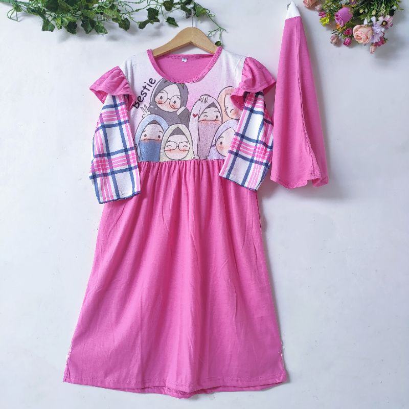 Gamis Anak 4 5 6 7 8 9 10 Tahun Anak Cewek Perempuan set muslim free hijab pakaian muslim lucu kekinian terbaru ( Gamis Ceria )