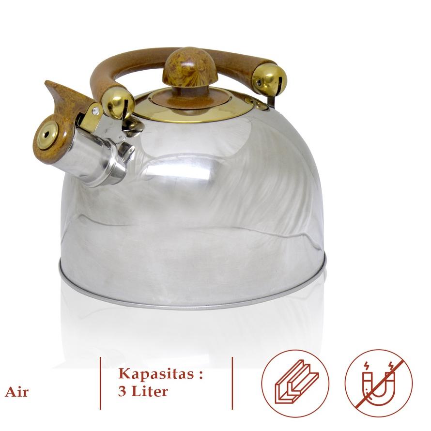☇ ROSH Teko / Ketel / Ceret 3 Liter Whistling Kettle Wooden Stainless Steel Anti Karat ROS ►