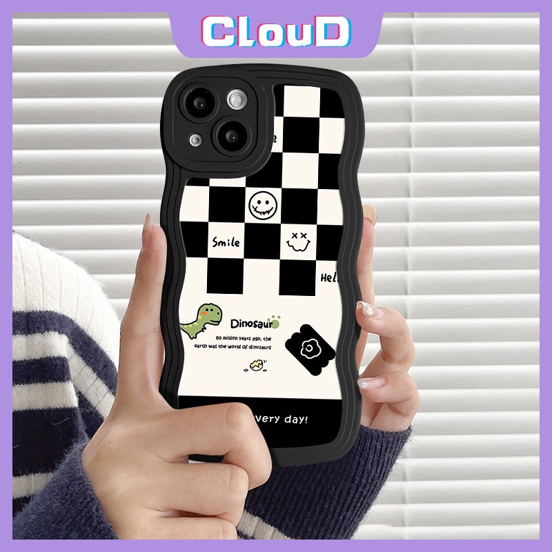 Case Pinggiran Bergelombang Papan Catur Realme C15 C30 C25Y C20 C11 C21Y C35 5i 8i 10 C33 C17 C20A C3 C25s C12 Realme 7i 7 9 8Pro C25 5 9Pro+9i 86i Kartun Dinosaurus Lucu Smiley Soft Tpu Cover