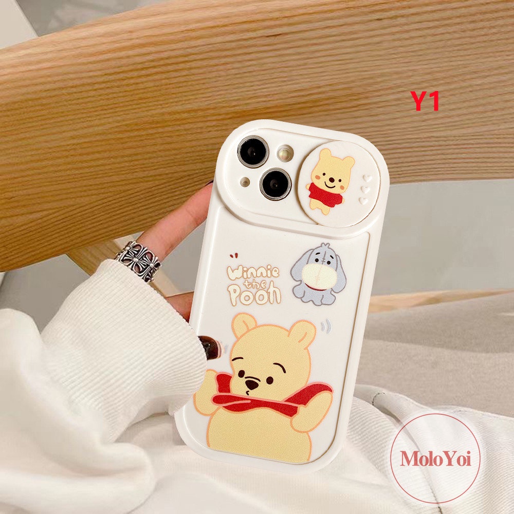 IPHONE Pasangan Case Kompatibel Untuk Iphone13 11 12 Pro MAX 7plus 7 8 Plus XR X XS MAX Kartun Strawberry Bear Manyo Winnie the Pooh Tarik Jendela Kamera Perlindungan Soft Cover