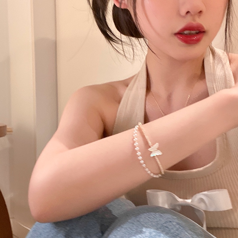 Gelang Kupu-Kupu Zirkon Mutiara Korea Double-layer Gold Open Bangle Untuk Aksesoris Perhiasan Wanita