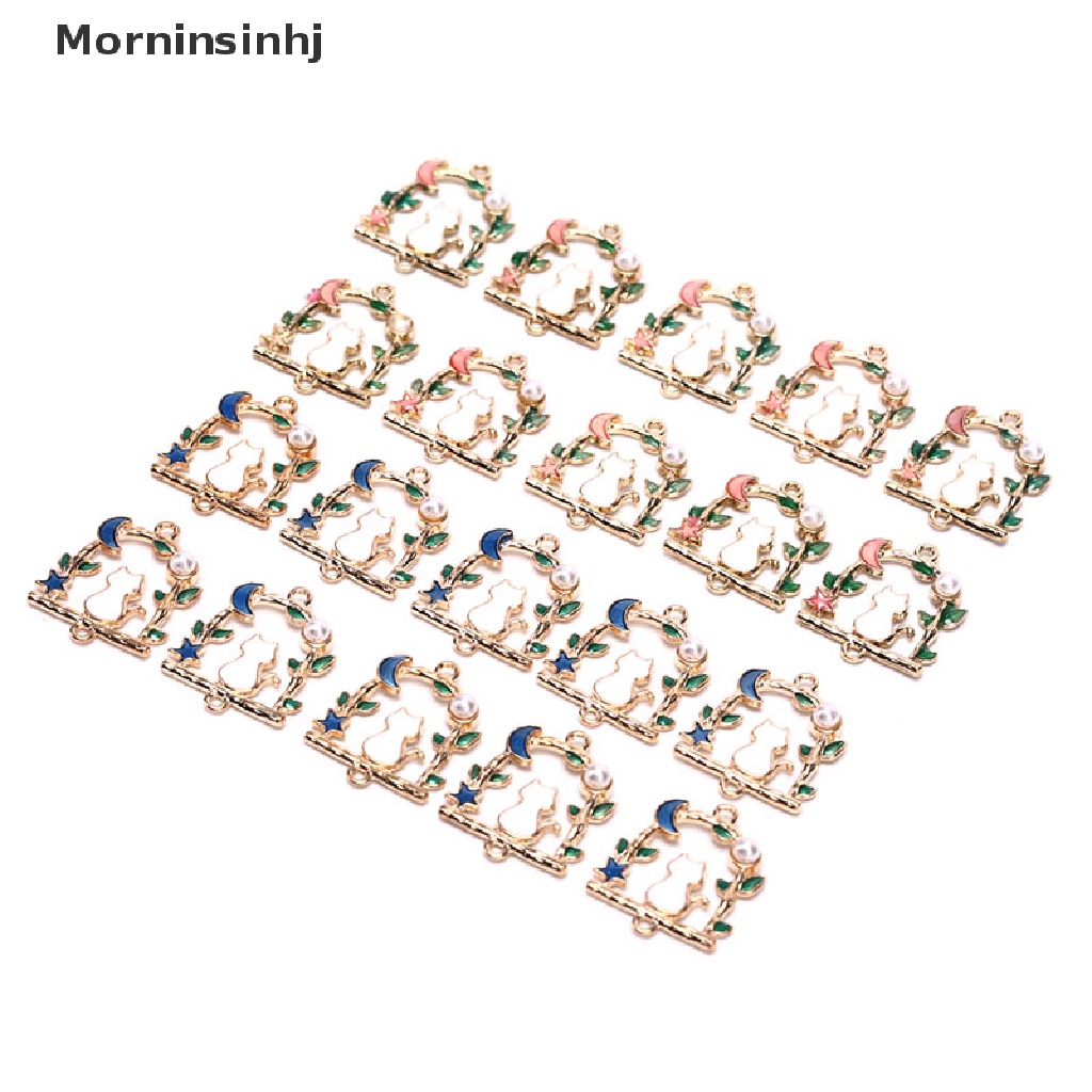 Mornin 10Pcs/Lot Enamel Alloy Bintang Bulan Kucing Ch Liontin Logam Temuan Perhiasan DIY id