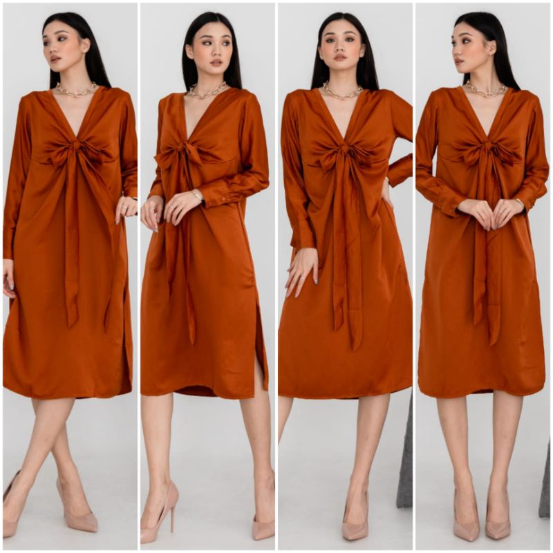 ⚡️CLEARANCE SALE ♡ PREMIUM ♡ REAL PIC ! SYELLAR TUNIK V-NECK MULTIWAYS OBI TIED LONG SLEEVE SLIT MIDI DRESS
