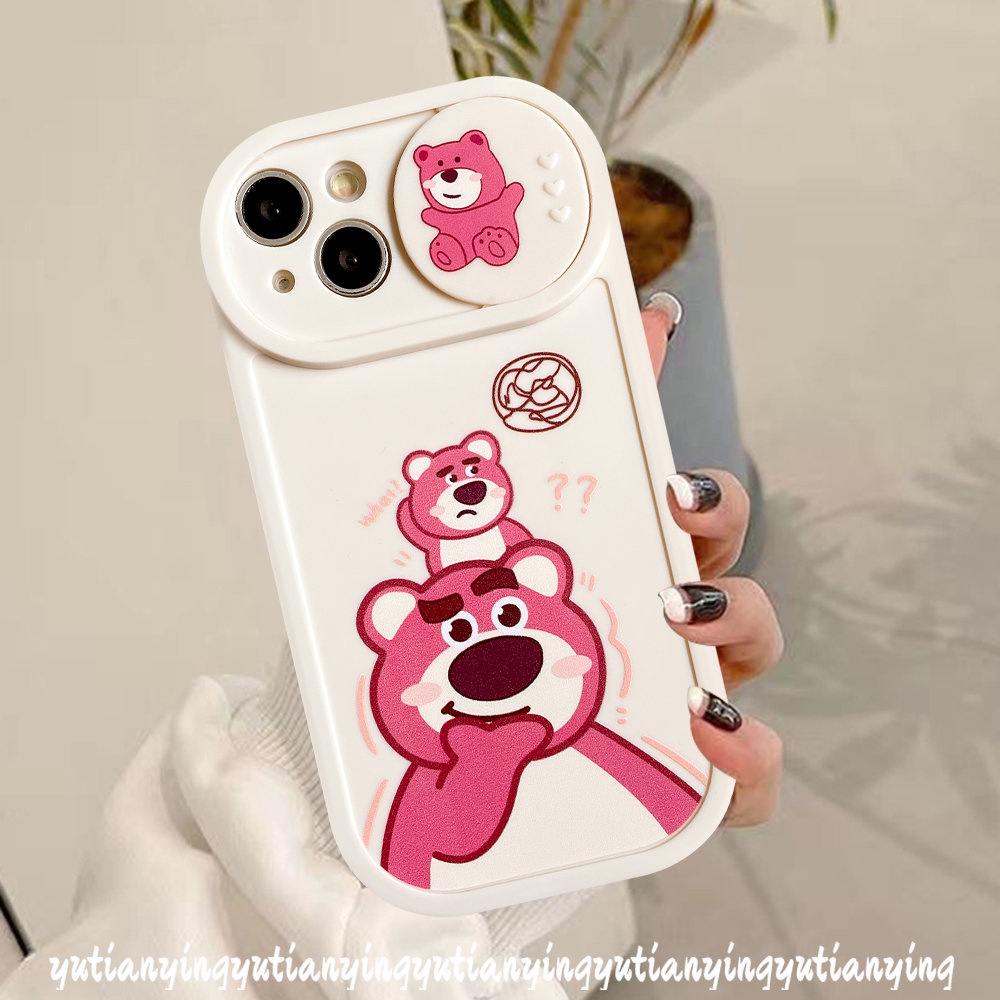 IPHONE Couple Case Kompatibel Untuk Iphone11 13 12 Pro MAX 7plus 7 8 Plus XR X XS MAX Kartun Manyo Strawberry Bear Winnie the Pooh Lembut TPU Silicon Pull Push Window Penutup Pelindung Kamera