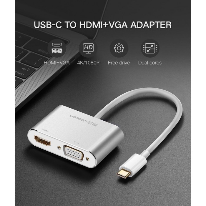 UGREEN 30843 Adaptor Video Converter 2In1 USB Type C To HDMI + VGA for Laptop Macbook Air Pro Huawei Matebook Asus