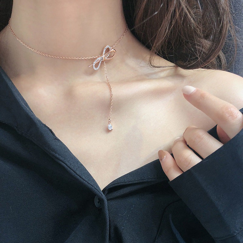 Kalung Rumbai Pendek Desain Pita Bahan Titanium Steel Anti Air Dan Keringat Warna Rose Gold Gaya Korea